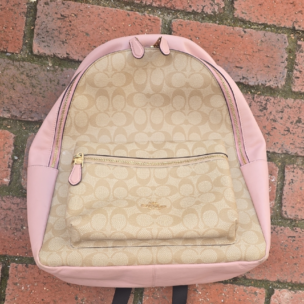 Coach Beige Signature Canvas Backpack with Pink Leather Trim